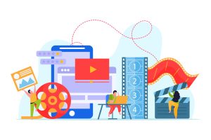 Animation and motion design flat background with team working on computer creating animated video vector illustration
